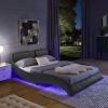 Queen Led Bed Frame Modern Faux Leather Upholstered Platform Bed Frame with RGB LED Lights and Headboard Wave Like Curve Low Profile Bed Frame