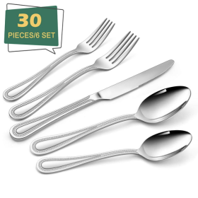 Walchoice 30 Pieces Silverware Set, Stainless Steel Flatware Cutlery Set Service for 6, Fork Knife and Spoon Set, Pearled Edges