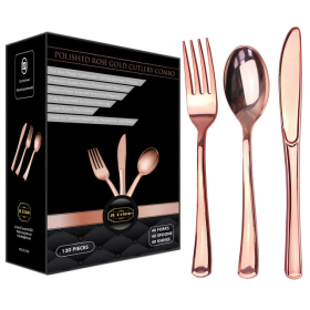 JL Prime 120 Piece Rose Gold Plastic Silverware Set, Re-Usable Recyclable Plastic Cutlery, 40 Forks, 40 Spoons, 40 Knives, Great for Wedding