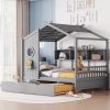 Wooden Full Size House Bed With Trundle, Modern Design for Kids with Storage Shlef, Gray