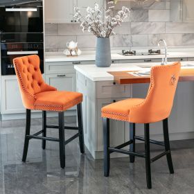 Contemporary Velvet Upholstered Barstools with Button Tufted Decoration and Wooden Legs, and Chrome Nailhead Trim, Leisure Style Bar Chairs,Bar stools