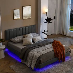 Queen Floating Bed Frame with LED Lights and Wall Mounted Headboard Modern Low Profile Led Platform Bed Frame Queen Size Faux Leather Upholstered Plat