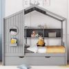 Wooden Full Size House Bed With Trundle, Modern Design for Kids with Storage Shlef, Gray