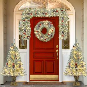 Pre-lit Xmas Tree Artificial Christmas 4-Piece Set,Garland, Wreath and Set of 2 Entrance Trees X-mas