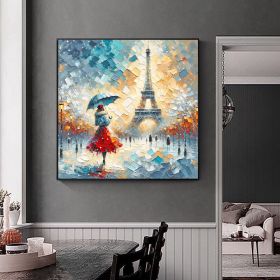 Handmade Oil Painting A Beautiful Woman Street Art Abstract Figure Painting Red And Sky Blue Art Street Scene On Canvas Wall Art For Home Decor (Style: 01, size: 50x50cm)