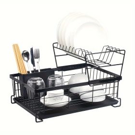 1pc Kitchen Countertop Kitchenware Chopsticks Plate Organizer Multi-functional Double Drainage Bowl Rack (Color: Black)